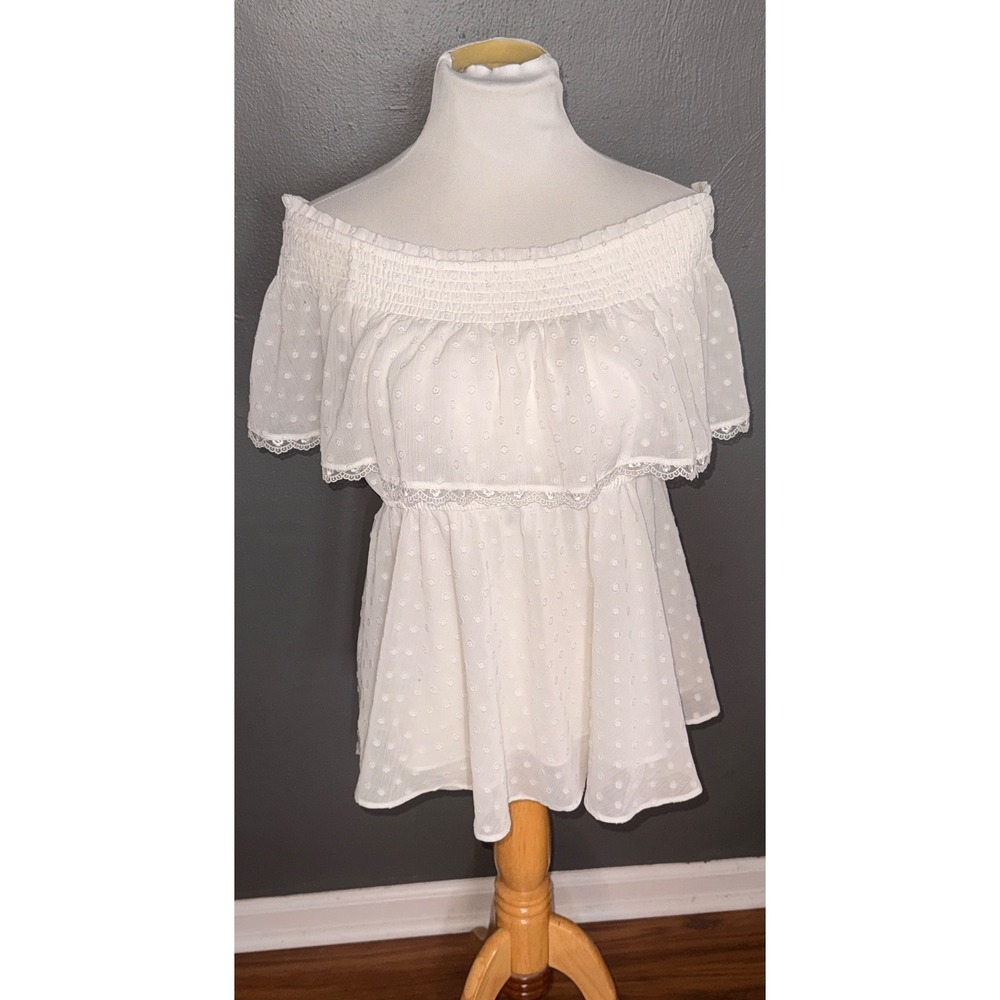 Torrid Womens White Clip Dot Off The Shoulder Lace Trim Peplum Blouse Top Size 2